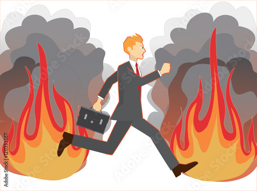 火災の中を逃げるビジネスマン。