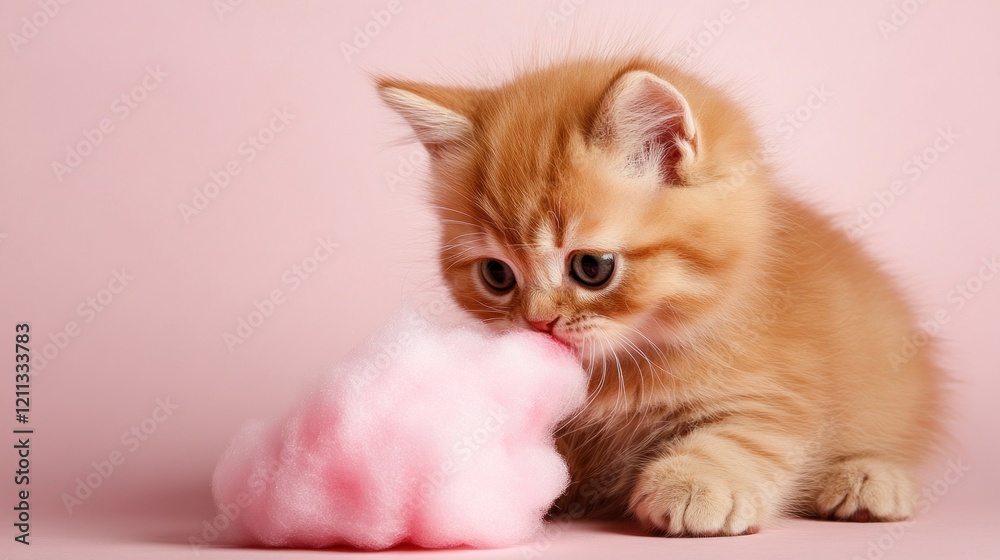 A playful kitten interacts with a fluffy pink cotton candy on a pastel background. A playful kitten interacts with a fluffy pink cotton candy on a pastel background.