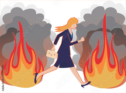 火災の中を逃げるビジネスウーマン。