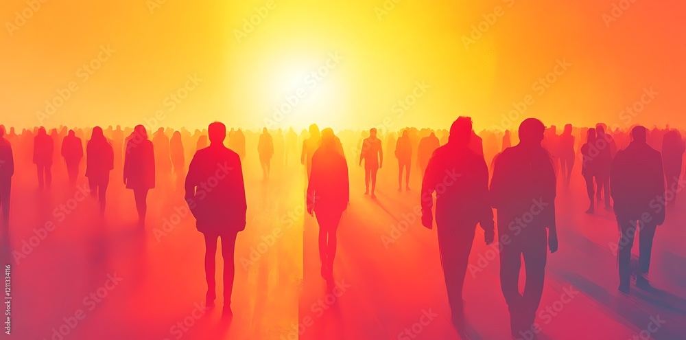 Silhouetted Figures Walking Towards Sunset: A Warm, Atmospheric Artwork Silhouetted Figures Walking Towards Sunset: A Warm, Atmospheric Artwork
