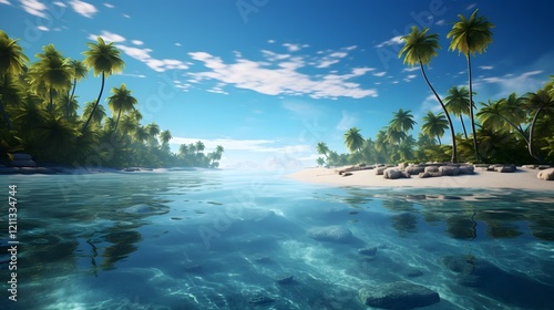 Tranquil Palm Lined Island with Crystalline Waters and Peaceful Atmosphere  Idyllic tropical paradise with lush greenery serene coastline and stunning natural scenery