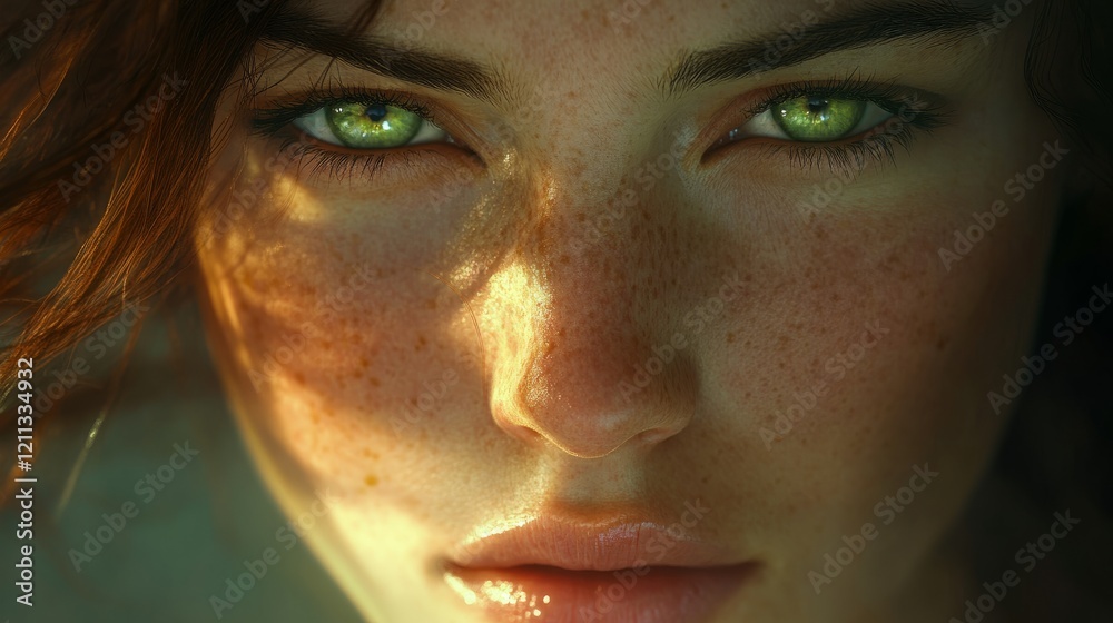 Fototapeta premium A close-up portrait of a woman with freckles, her emerald green eyes illuminated by soft, natural light, highlighting her radiant and serene expression.