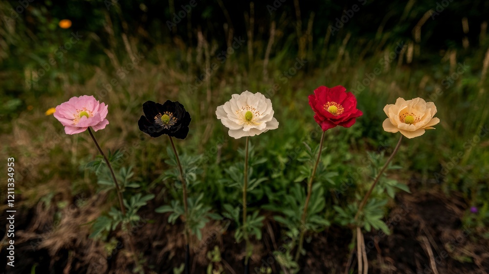 Vibrant Garden Flowers Pink White Red Black Cream Anemone Blooms Vibrant Garden Flowers Pink White Red Black Cream Anemone Blooms
