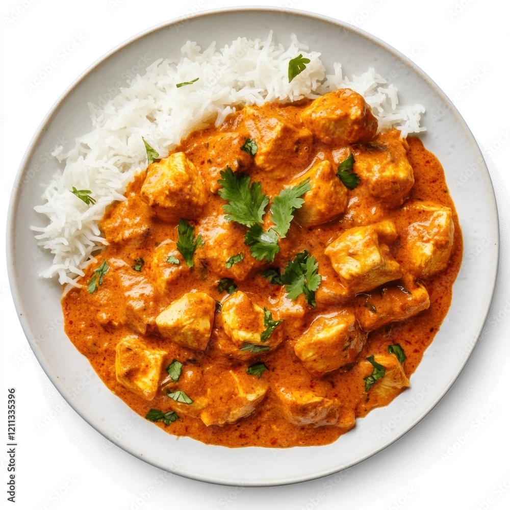 Creamy Chicken Curry with Rice and Fresh Herbs on a White Plate Creamy Chicken Curry with Rice and Fresh Herbs on a White Plate