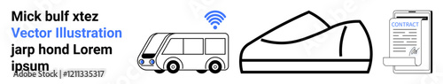 Wireless-enabled bus, running shoe outline, contract on a smartphone, text elements. Ideal for technology, transport, fitness, communication, modern lifestyle, digital contracts, mobility. Landing