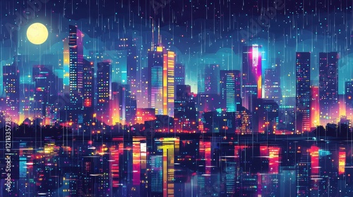 Wallpaper Mural Neon Cityscape Reflecting in Rainy Night Water Torontodigital.ca