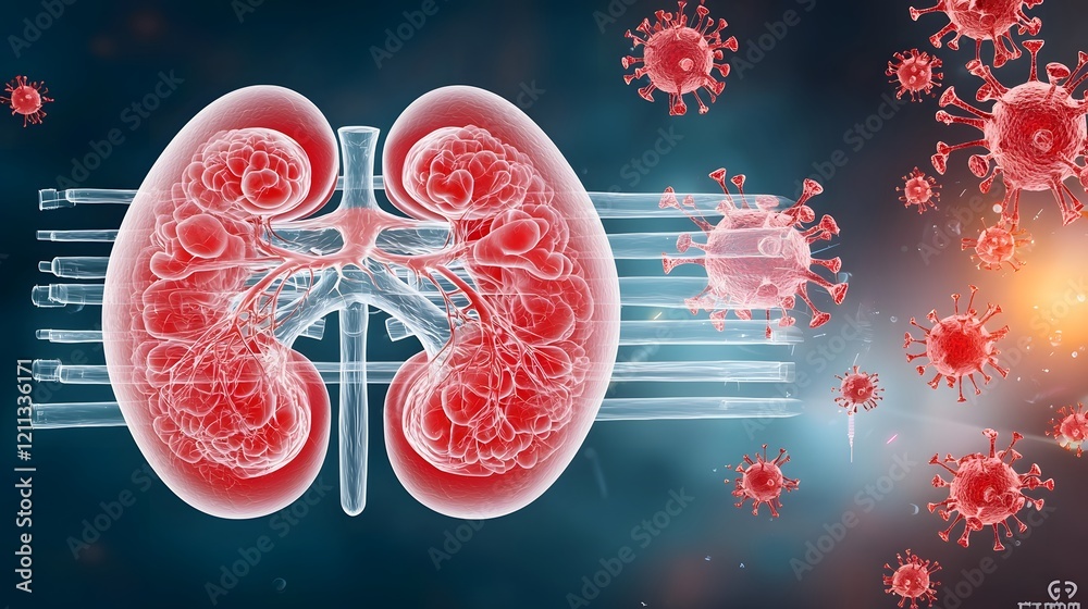 Fototapeta premium Detailed 3D medical of human kidneys in vibrant red tones with adrenal glands highlighted in warm yellow orange gradient Conceptual image for healthcare biology and medical research