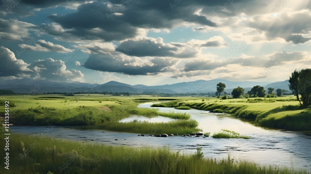 Dramatic clouds cast an atmospheric glow over a calm river flowing peacefully through a lush verdant meadow landscape in a serene picturesque natural setting