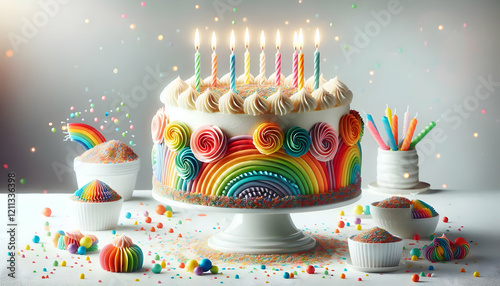 Birthday A playful birthday cake with white frosting, decorated with rainbow-colored rosettes, multicolored s4 photo