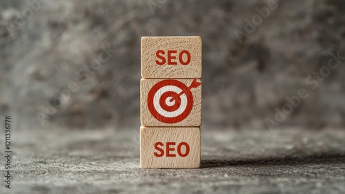 seo relevance Concept. A stack of wooden blocks displays 