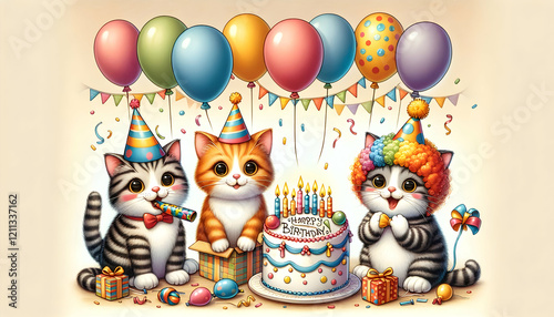 Birthday A festive scene with three cats celebrating a birthday One cat holds balloons, another wears a party1 photo