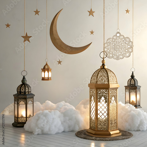 3d rendering of ramadan decorations with cresent, clouds and lamp
