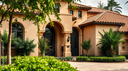 Mediterranean Style Luxury Home Exterior:  A Picturesque Villa with Landscaped Gardens and Elegant Facade