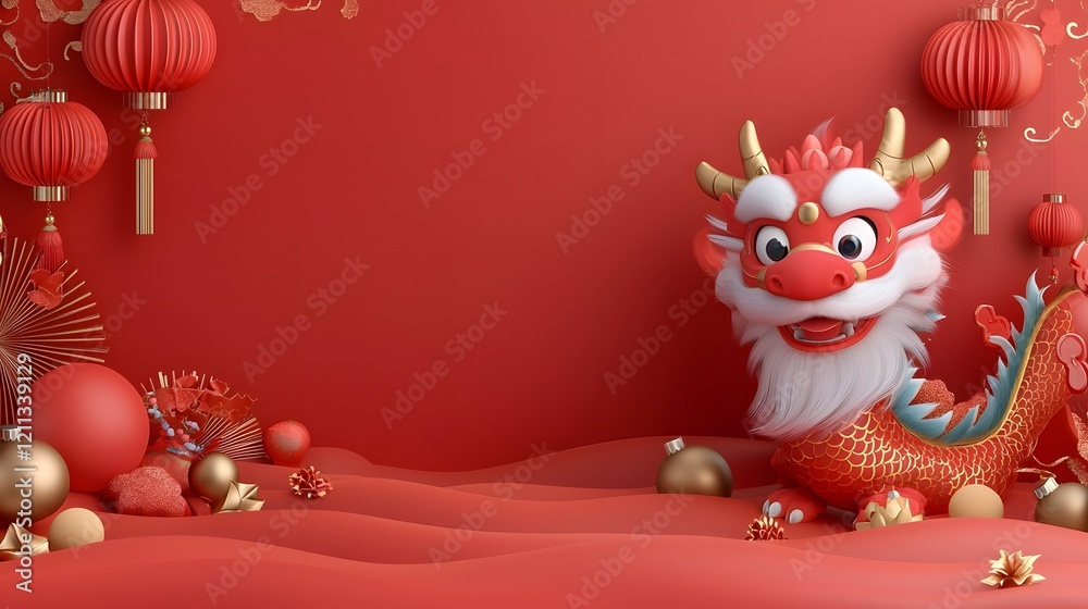 Fototapeta premium Detailed 3D of a Chinese dragon head featuring intricate patterns bold colors and fluffy fur set against an abstract wave background with a festive red orange tone This mythical powerful