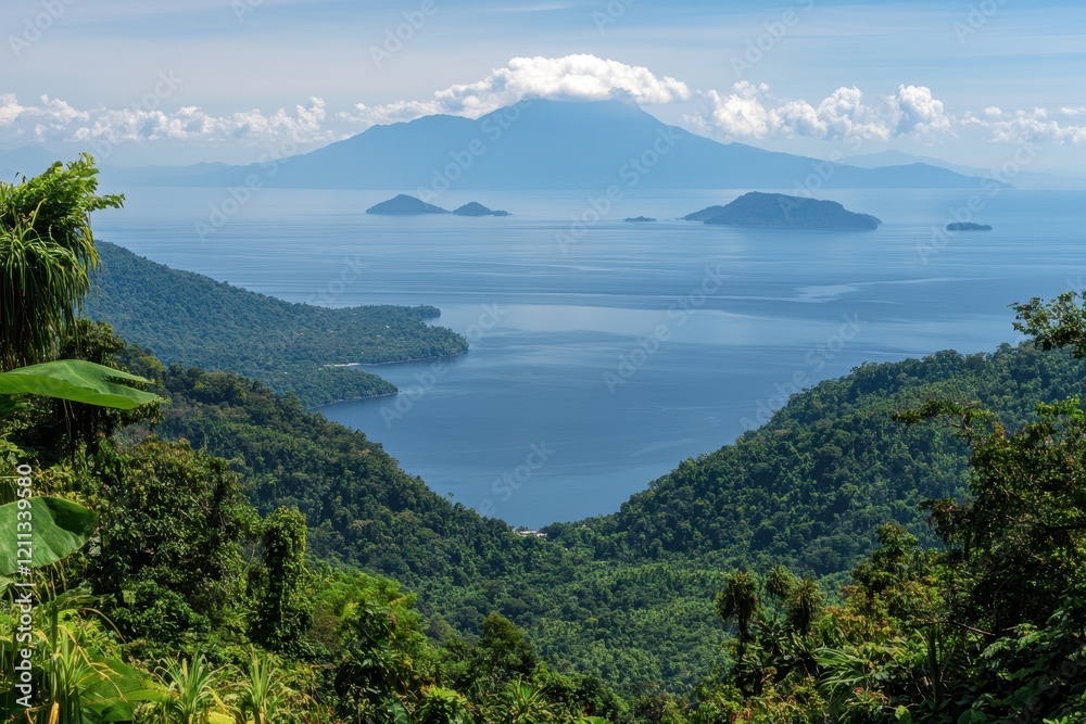Stunning View of Lush Green Mountains Overlooking Serene Blue Water and Islands Under Clear Sky with Billowing Clouds in Tranquil Nature Landscape Stunning View of Lush Green Mountains Overlooking Serene Blue Water and Islands Under Clear Sky with Billowing Clouds in Tranquil Nature Landscape