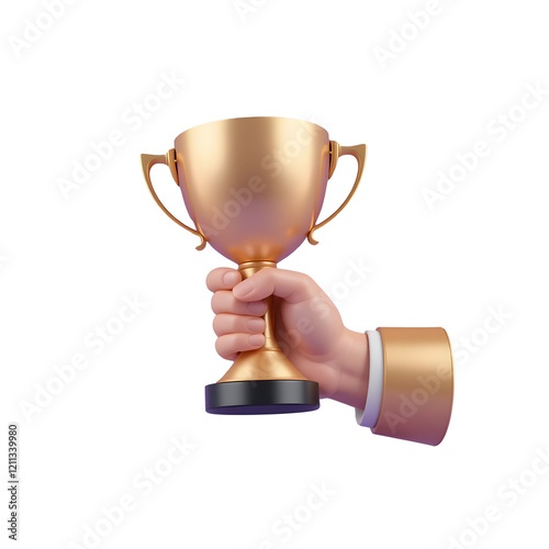 3d celebrate winners with golden cup, prize winners stars in holding hand. 3d award ceremony concept with hand hold winner cartoon style. 3d trophy, champion 1st winner award concept.