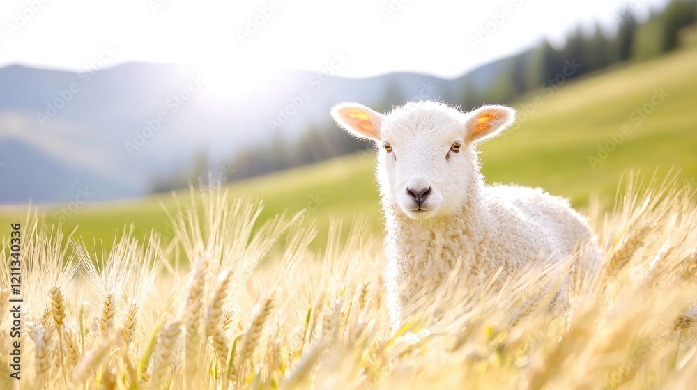 Naklejka premium Lamb in wheat field, sunny mountain background, spring