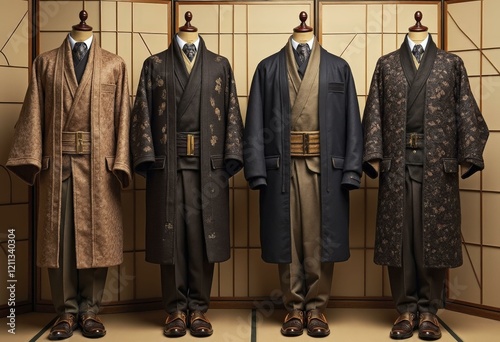 Traditional Japanese yukata on mannequin in wooden shoji screen room
