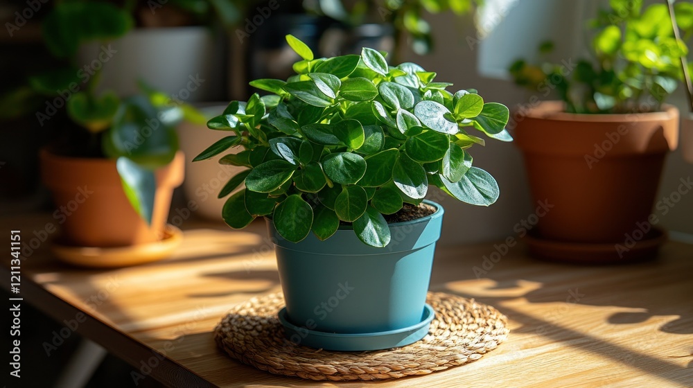 Sunlight Illuminates Vibrant Green Peperomia Plant in a Teal Pot, a Peaceful Home Interior Scene Sunlight Illuminates Vibrant Green Peperomia Plant in a Teal Pot, a Peaceful Home Interior Scene