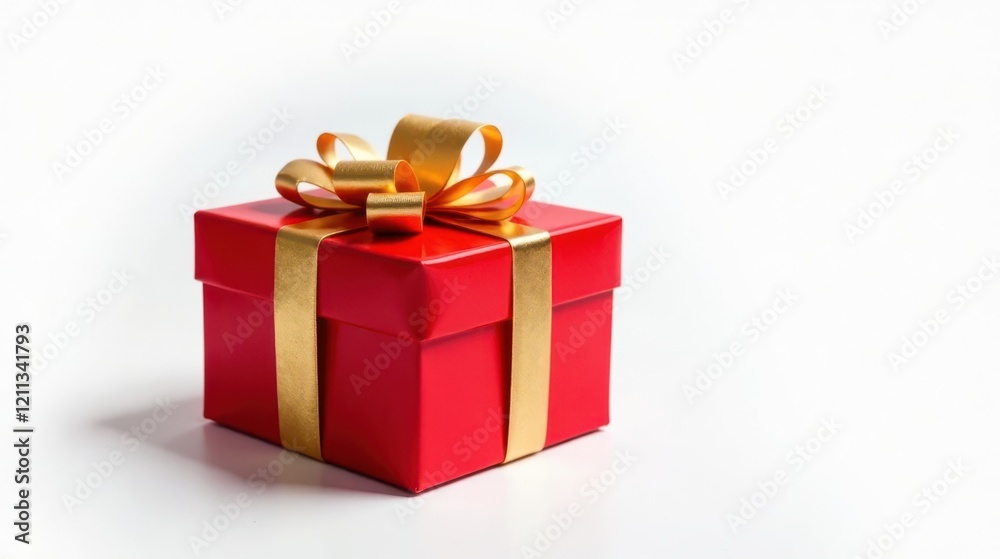 Fototapeta premium A vibrant red gift box adorned with a luxurious gold ribbon, a perfect symbol of celebration and thoughtful presentation.
