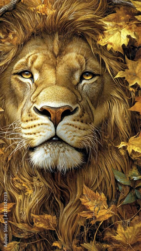 Majestic lion gazes through autumn leaves in a stunning display of nature's beauty and power Majestic lion gazes through autumn leaves in a stunning display of nature's beauty and power