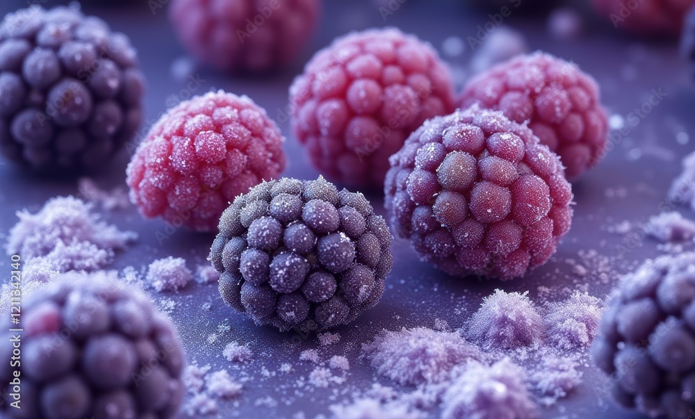 Frosted raspberries on a purple backdrop Frosted raspberries on a purple backdrop