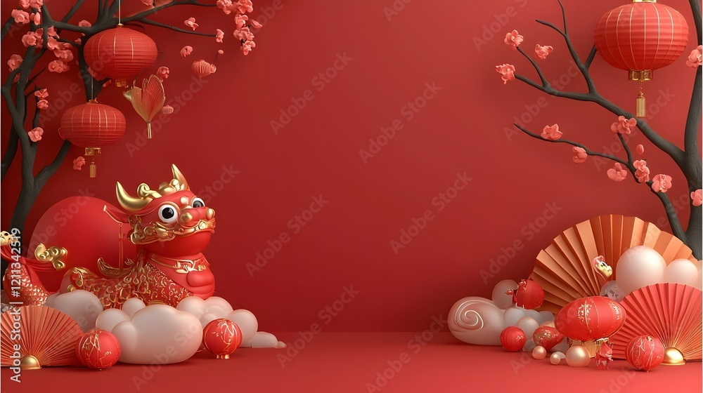 Obraz premium Vibrant Chinese New Year with Red Lanterns Gold Patterns and Cherry Blossoms A Stunning Background for Traditional Festive Decor and Auspicious Symbols of Prosperity and Happiness