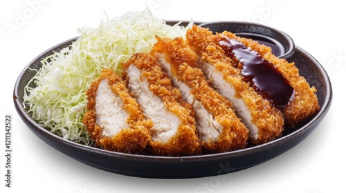 A plate of crispy chicken katsu served with steamed rice, shredded cabbage, and tangy tonkatsu sauce