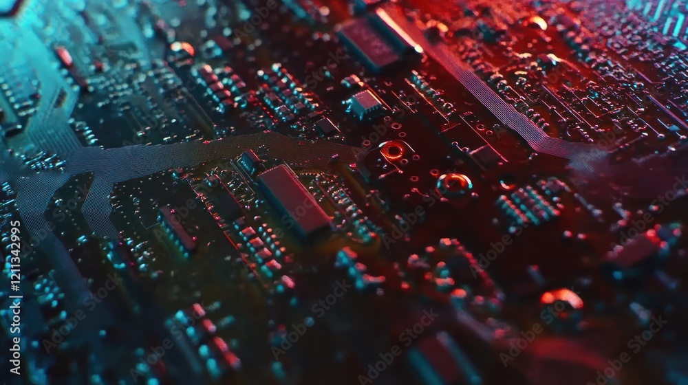 Obraz premium Abstract Close-up of a Circuit Board with Red and Blue Lighting