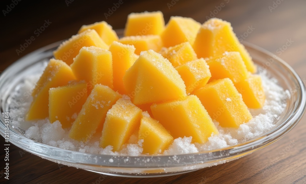 Fresh mango slices garnished with sugar Fresh mango slices garnished with sugar