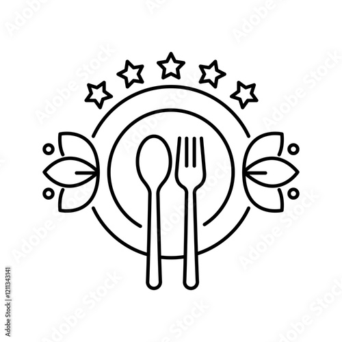Catering icon. Menu, cafe, restaurant, spoon, fork, knife and plate icon set in line. Catering logo. Food and drink logo. Cafe logo icons. Tableware Vector illustration