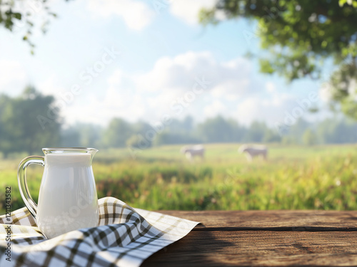 Jug of milk on a wooden table with background of cow in a field
