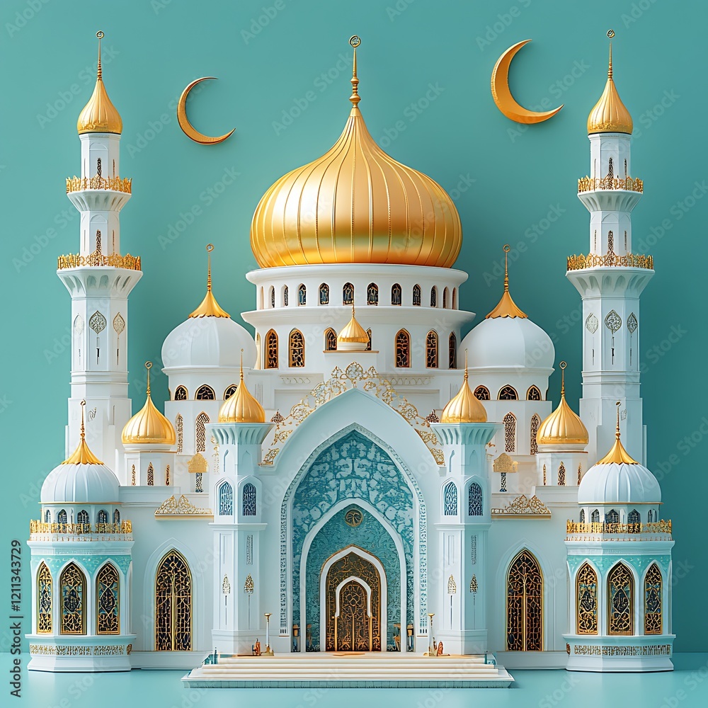 Obraz premium 3d modern Islamic holiday banner, suitable for Ramadan, Raya Hari, Eid al Adha, mosque,