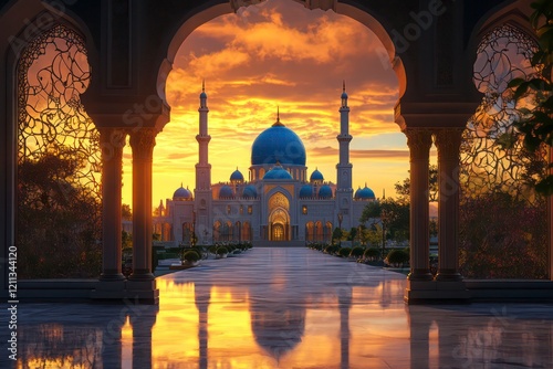 Blue Domed Mosque at Sunset
