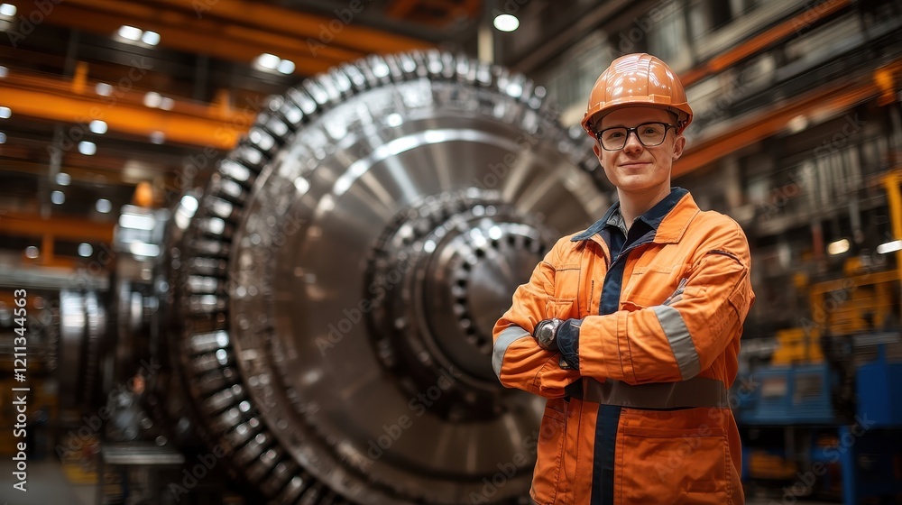 Confident Engineer in Front of Large Industrial Equipment