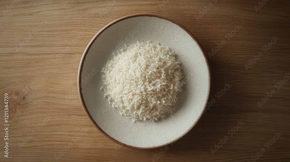 Overhead View of Plain White Plate Filled with Fluffy Rice Grains Overhead View of Plain White Plate Filled with Fluffy Rice Grains