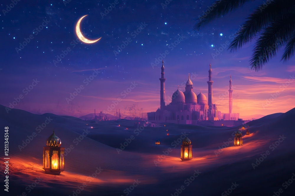 Obraz premium Magical Desert Night with Mosque Silhouette, Crescent Moon, Starry Sky, and Lanterns Lighting Sandy Dunes 