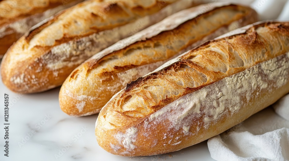 Classic French Baguette with Crisp Outer Crust on Marble Surface Classic French Baguette with Crisp Outer Crust on Marble Surface