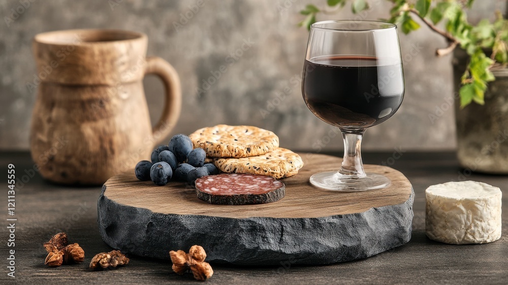 A rustic table setting featuring a glass of red wine, assorted cookies, fresh blueberries, and a decorative mug on a stone surface. A rustic table setting featuring a glass of red wine, assorted cookies, fresh blueberries, and a decorative mug on a stone surface.