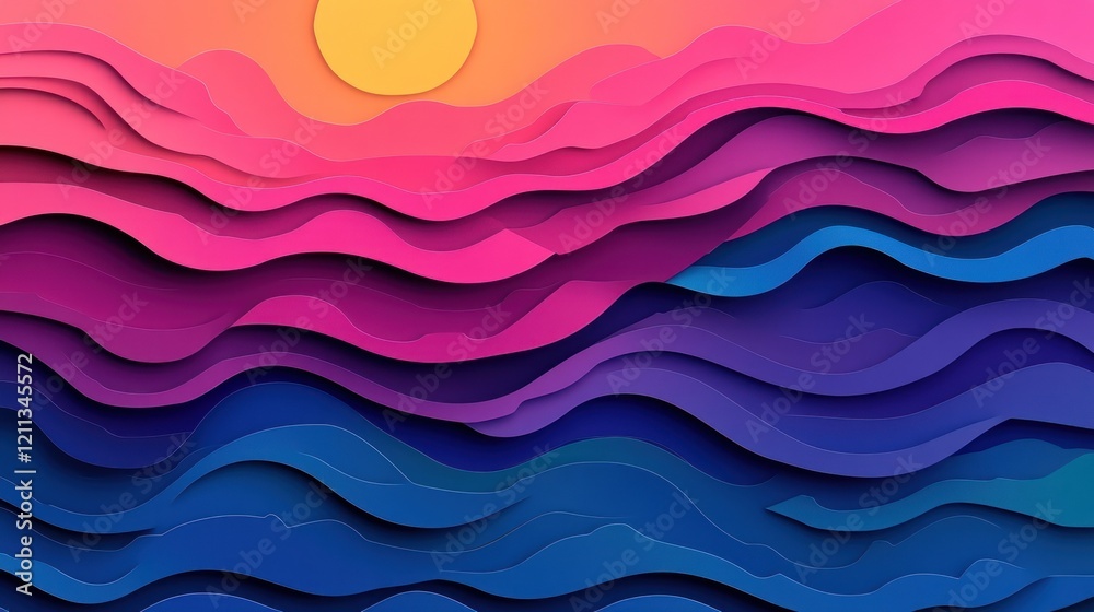 Obraz premium Sunset over layered paper waves, digital art, background