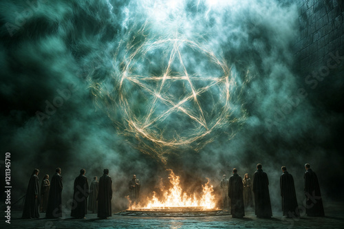 Participants in ceremonial robes encircle a glowing pentagram, invoking magical esoterical energies that swirl above in a mystical atmosphere of twilight and secrecy