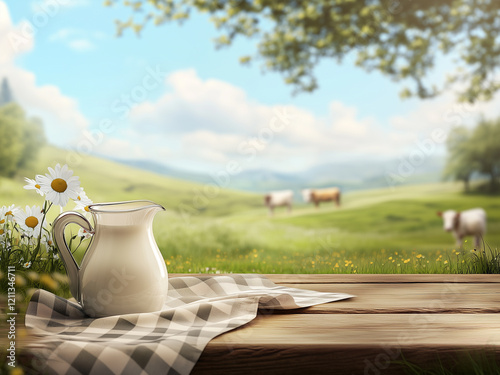 Jug of milk on a wooden table with background of cow in a field