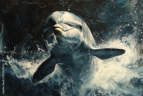 underwater close-up of a bowl-headed dolphin, its expressive face and sleek body captured as it moves through the ocean, creating an ethereal and serene atmosphere