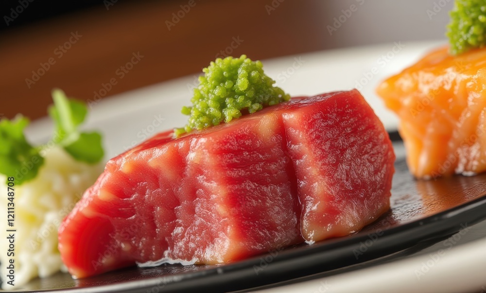 Delicious sashimi with vibrant toppings Delicious sashimi with vibrant toppings