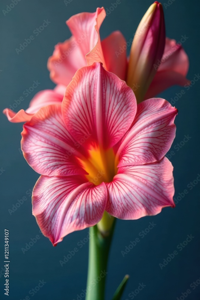 A Delicate Pink Flower with Intricate Veining, Gracefully Blooming Against a Deep Teal Background