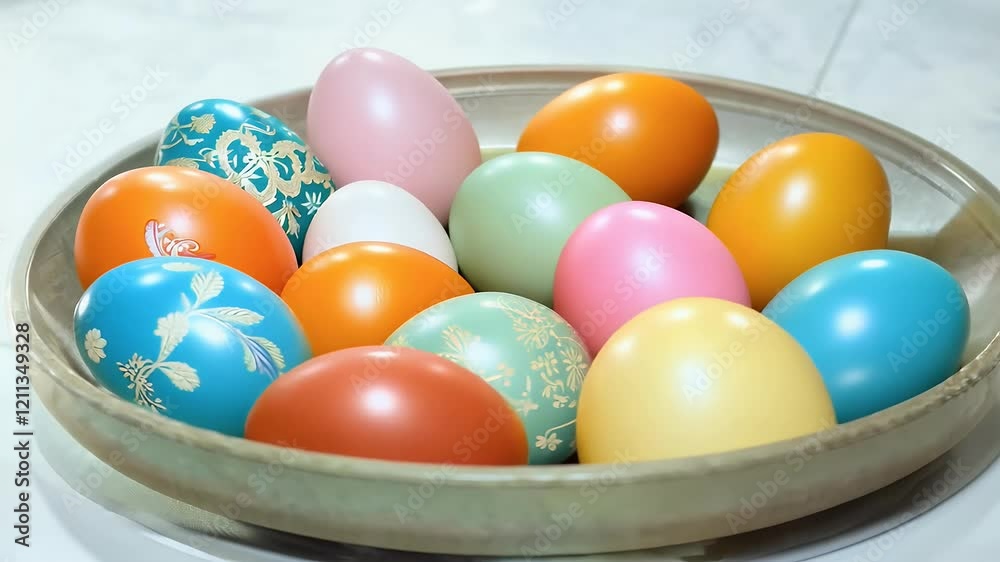 rotating tray of colorful Easter eggs captured 4k in slow motion representing the cherished Christian holiday traditions with celebratory touch rotating tray of colorful Easter eggs captured 4k in slow motion representing the cherished Christian holiday traditions with celebratory touch
