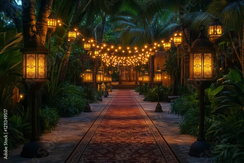Enchanting garden path illuminated with string lights and lanterns
