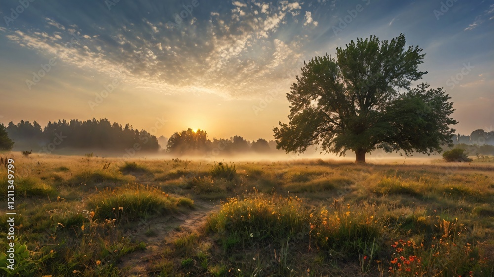 Golden Sunrise Over Majestic Trees in Misty Meadow V3 Golden Sunrise Over Majestic Trees in Misty Meadow V3