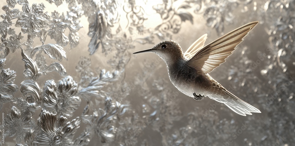 Obraz premium Hummingbird in Flight Amidst Silver Floral Design