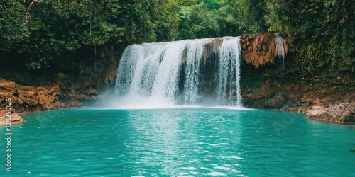 Tropical watercolor idea. A breathtaking waterfall cascading into a turquoise pool surrounded by lush greenery.